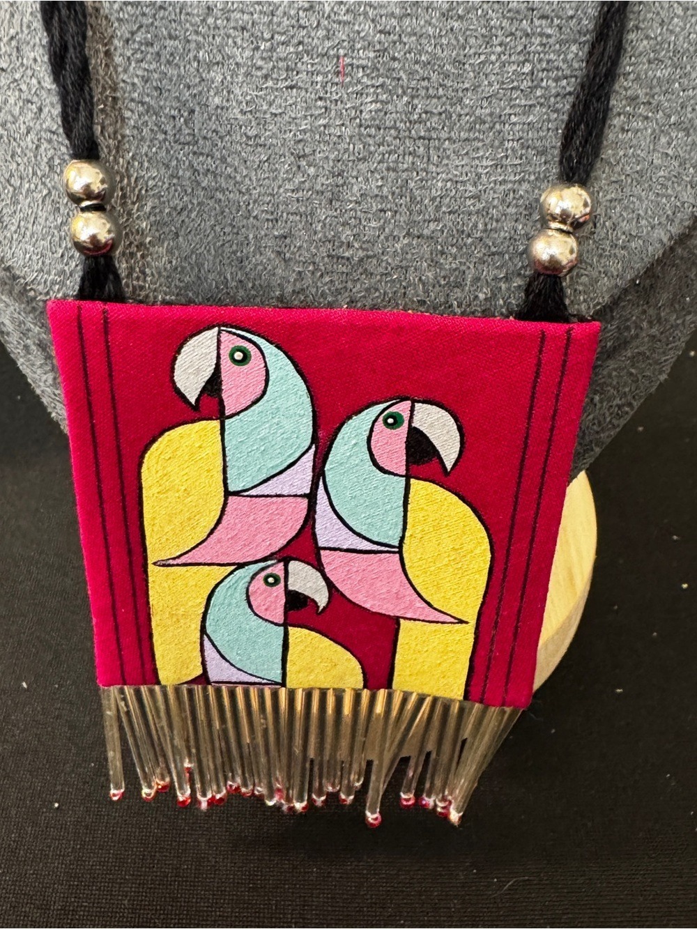 Handmade Parrot Print Pink Fabric Pendant Necklace and Earring Set - Picture 2 of 4